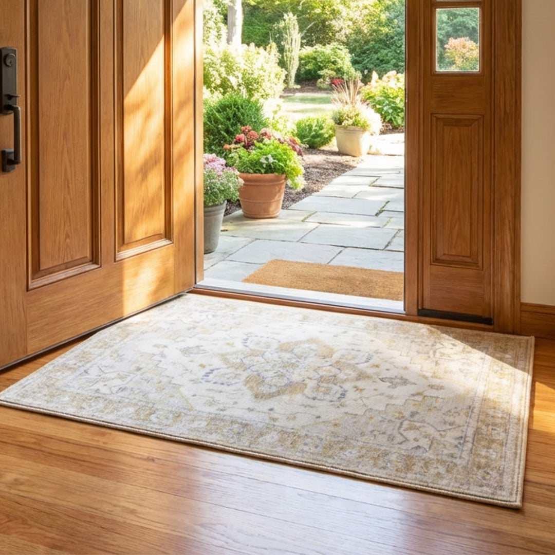 Muddy Carpet Champagne Washable Area Rugs for Living Room, Bedroom & Dining Room – Modern Soft Low Pile Non Slip Carpet – Pet Friendly Waterproof Foldable Rugs for Home