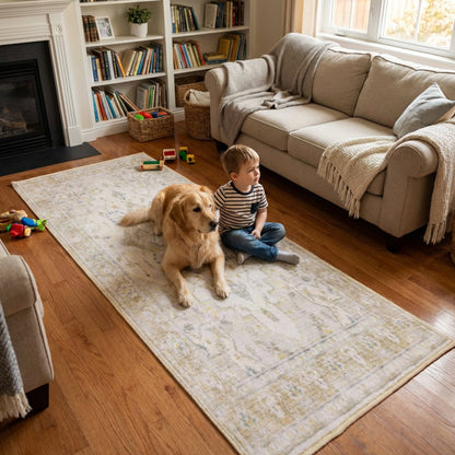 Muddy Carpet Champagne Washable Area Rugs for Living Room, Bedroom & Dining Room – Modern Soft Low Pile Non Slip Carpet – Pet Friendly Waterproof Foldable Rugs for Home