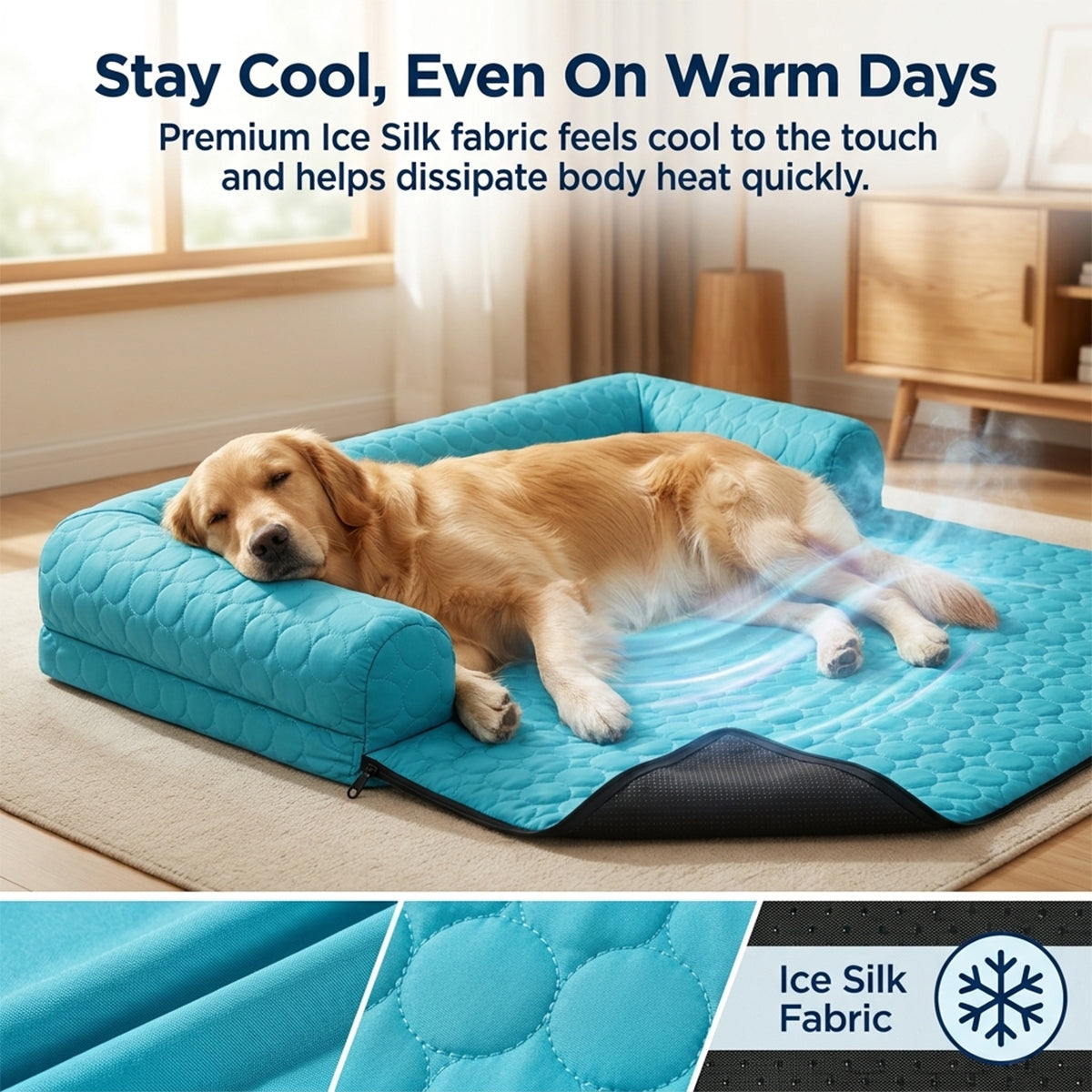 Muddymats® Ice Silk Cooling Dog Bed with Orthopedic Memory Foam & Bolster Rim, Self-Cooling Breathable Pet Sofa Bed, Extra-Wide Sofa Protection, Non-Slip, Detachable & Machine Washable