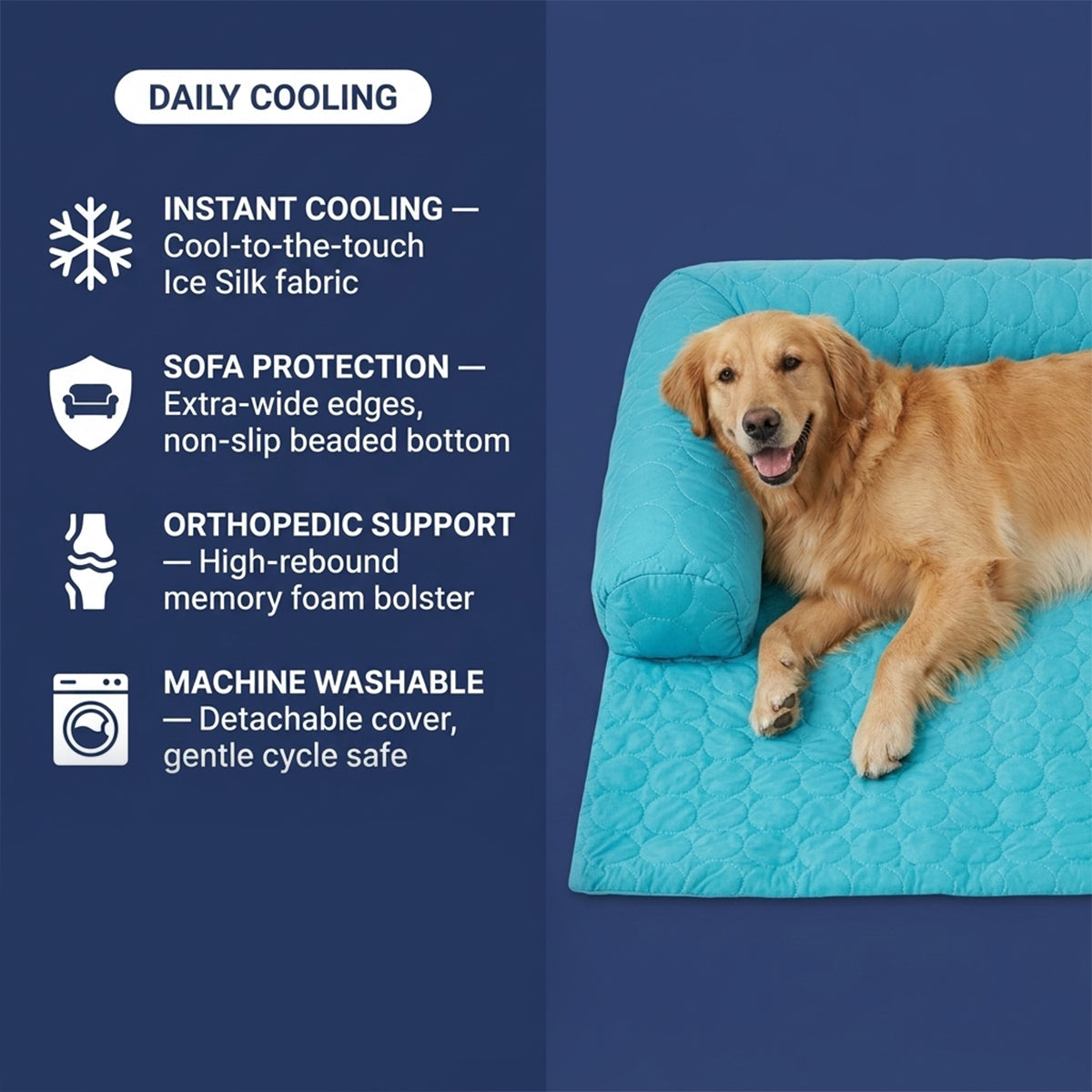 Muddymats® Ice Silk Cooling Dog Bed with Orthopedic Memory Foam & Bolster Rim, Self-Cooling Breathable Pet Sofa Bed, Extra-Wide Sofa Protection, Non-Slip, Detachable & Machine Washable