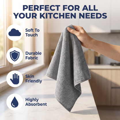 Muddymats® Kitchen Towels 3 Pack - Super Absorbent Microfiber Dish Cloths, Quick Dry Soft Cleaning Towels for Dishes, Counters and Spills, Machine Washable, Grey 11.8" x 11.8"