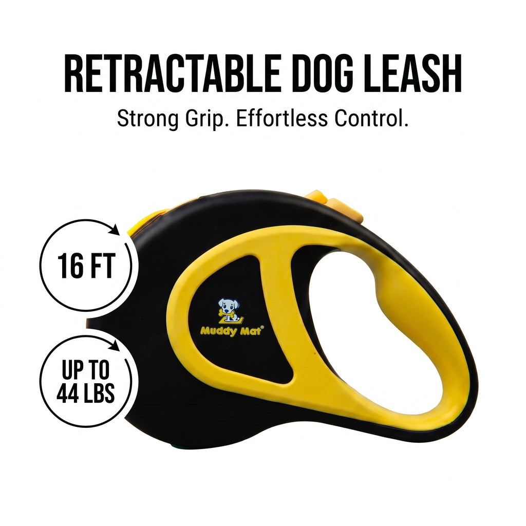 Muddymats® Retractable Dog Leash – 16 ft Heavy Duty Tape Leash for Small & Medium Dogs up to 44 lbs | One-Button Brake, 360° Tangle-Free | Ergonomic Grip