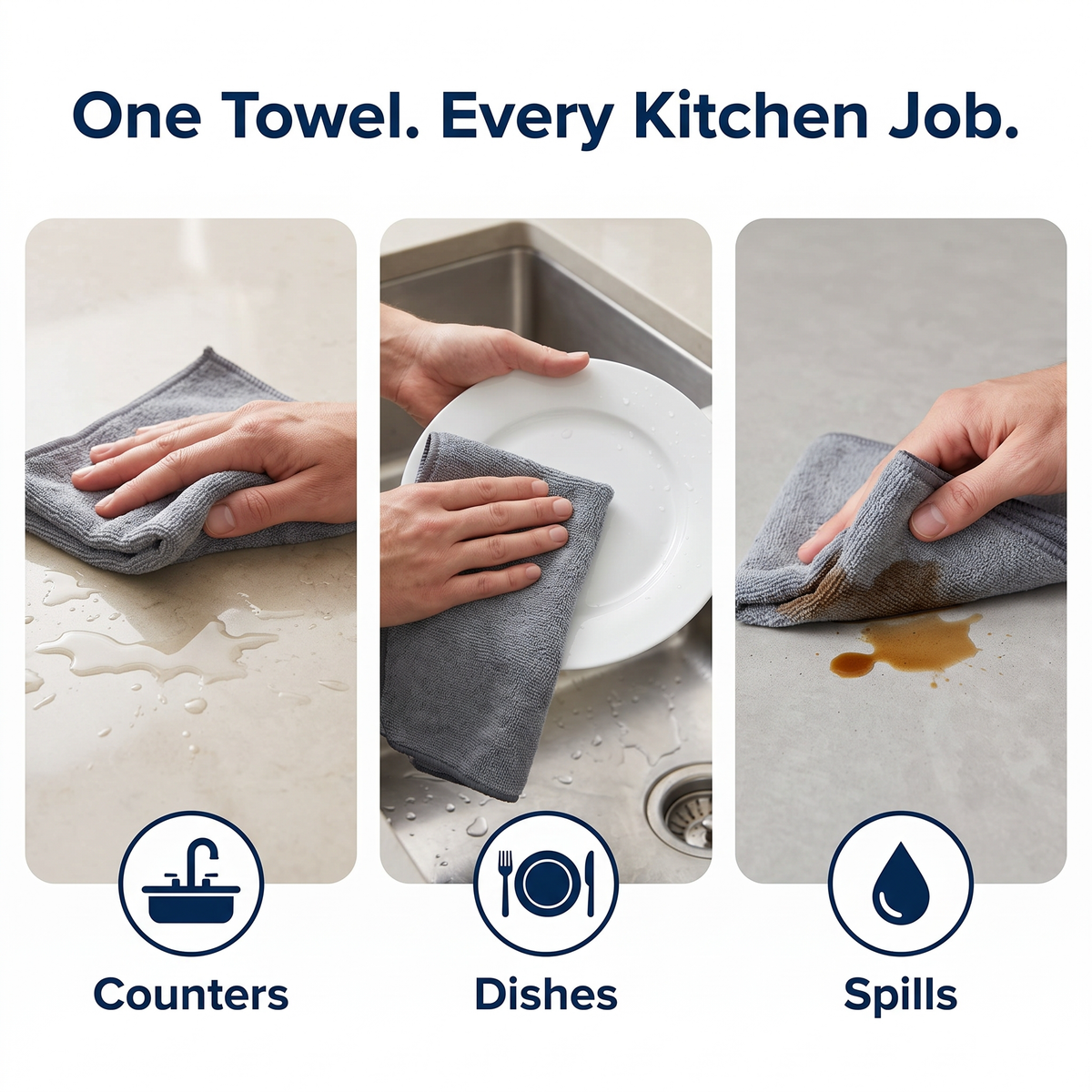 Muddymats® Kitchen Towels 3 Pack - Super Absorbent Microfiber Dish Cloths, Quick Dry Soft Cleaning Towels for Dishes, Counters and Spills, Machine Washable, Grey 11.8" x 11.8"