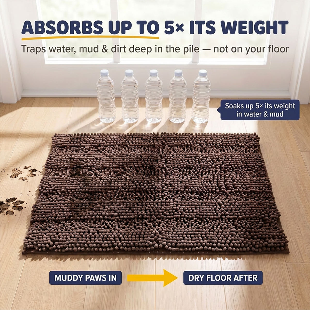 Muddymats® StripeMax Dog Floor Mat for Muddy Paws – Thick Plush Striped Chenille Muddy Carpet®, Super Water Absorbent Microfiber, Quick Dry, Slip Resistant Washable Indoor Mat