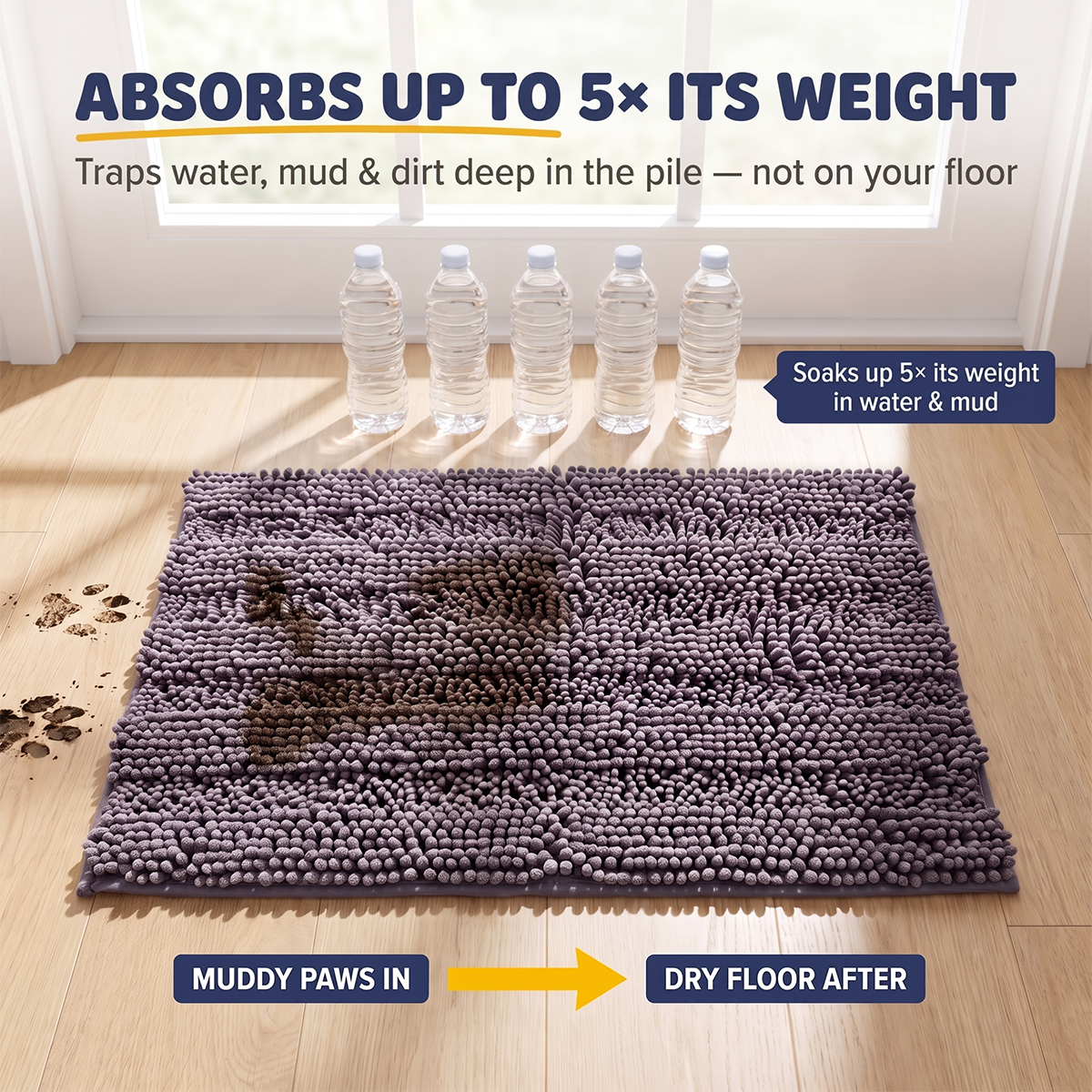 Muddymats® StripeMax Dog Floor Mat for Muddy Paws – Thick Plush Striped Chenille Muddy Carpet®, Super Water Absorbent Microfiber, Quick Dry, Slip Resistant Washable Indoor Mat