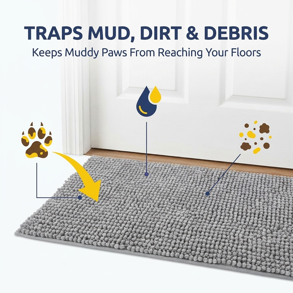 Muddymats® T.Max Dog Door Mat for Muddy Paws – Dirt-Trapping Chenille Entryway Muddy Carpet®, Super Water Absorbent Microfiber, Quick Dry, Slip Resistant Washable Indoor Mat