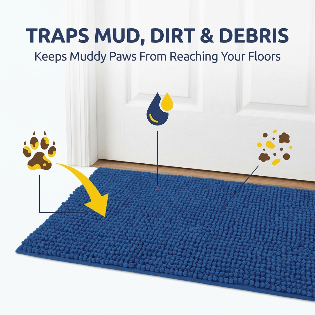 Muddymats® T.Max Dog Door Mat for Muddy Paws – Dirt-Trapping Chenille Entryway Muddy Carpet®, Super Water Absorbent Microfiber, Quick Dry, Slip Resistant Washable Indoor Mat