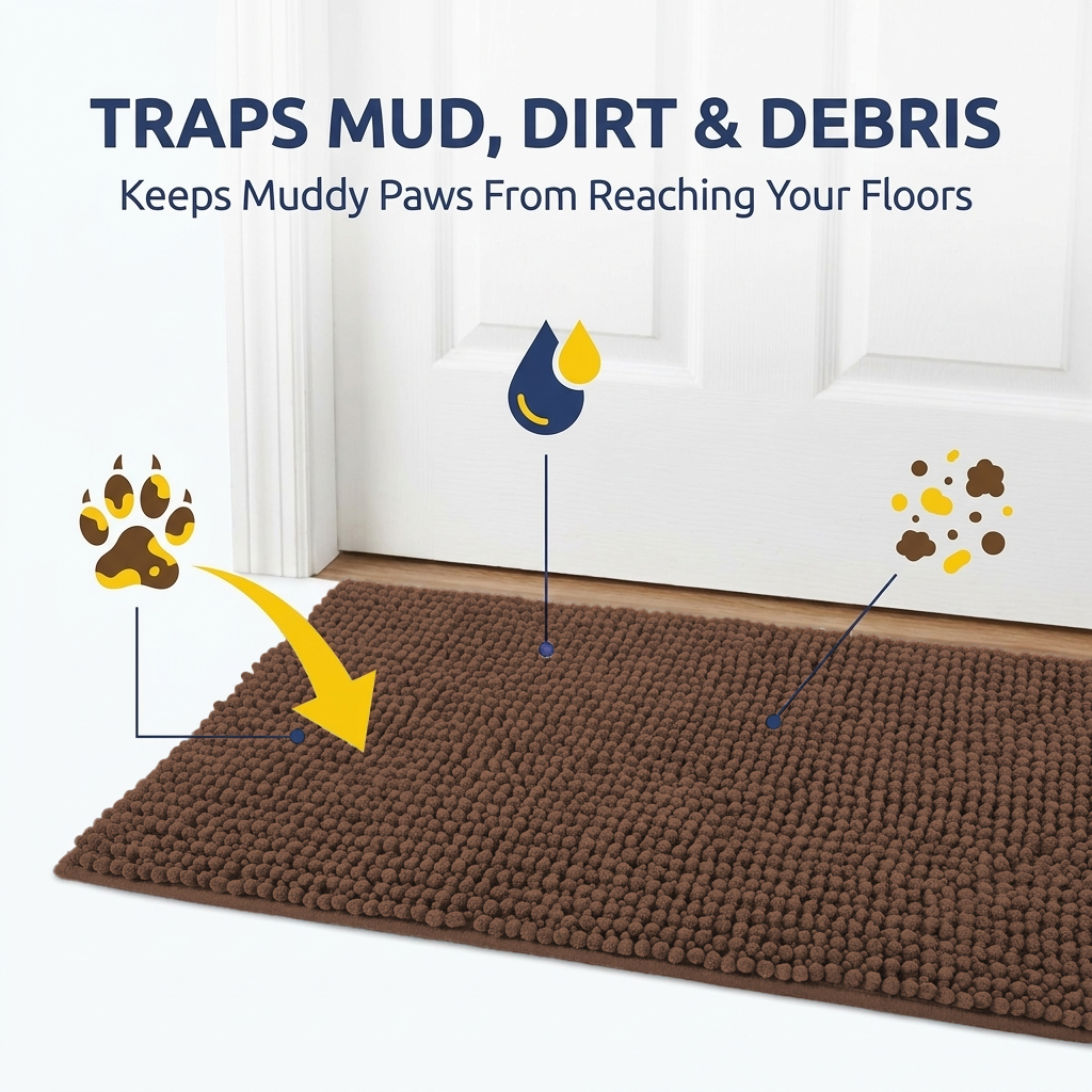 Muddymats® T.Max Dog Door Mat for Muddy Paws – Dirt-Trapping Chenille Entryway Muddy Carpet®, Super Water Absorbent Microfiber, Quick Dry, Slip Resistant Washable Indoor Mat
