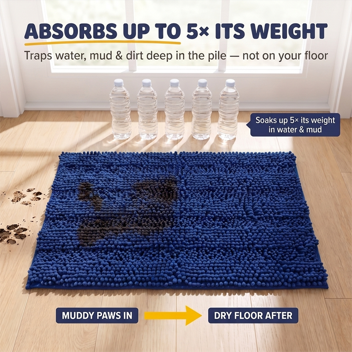 Muddymats® StripeMax Dog Floor Mat for Muddy Paws – Thick Plush Striped Chenille Muddy Carpet®, Super Water Absorbent Microfiber, Quick Dry, Slip Resistant Washable Indoor Mat