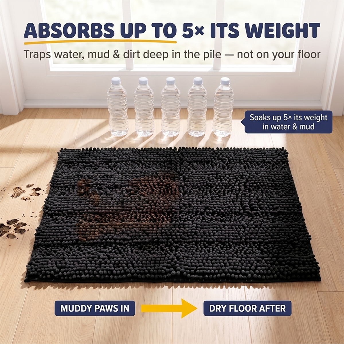 Muddymats® StripeMax Dog Floor Mat for Muddy Paws – Thick Plush Striped Chenille Muddy Carpet®, Super Water Absorbent Microfiber, Quick Dry, Slip Resistant Washable Indoor Mat