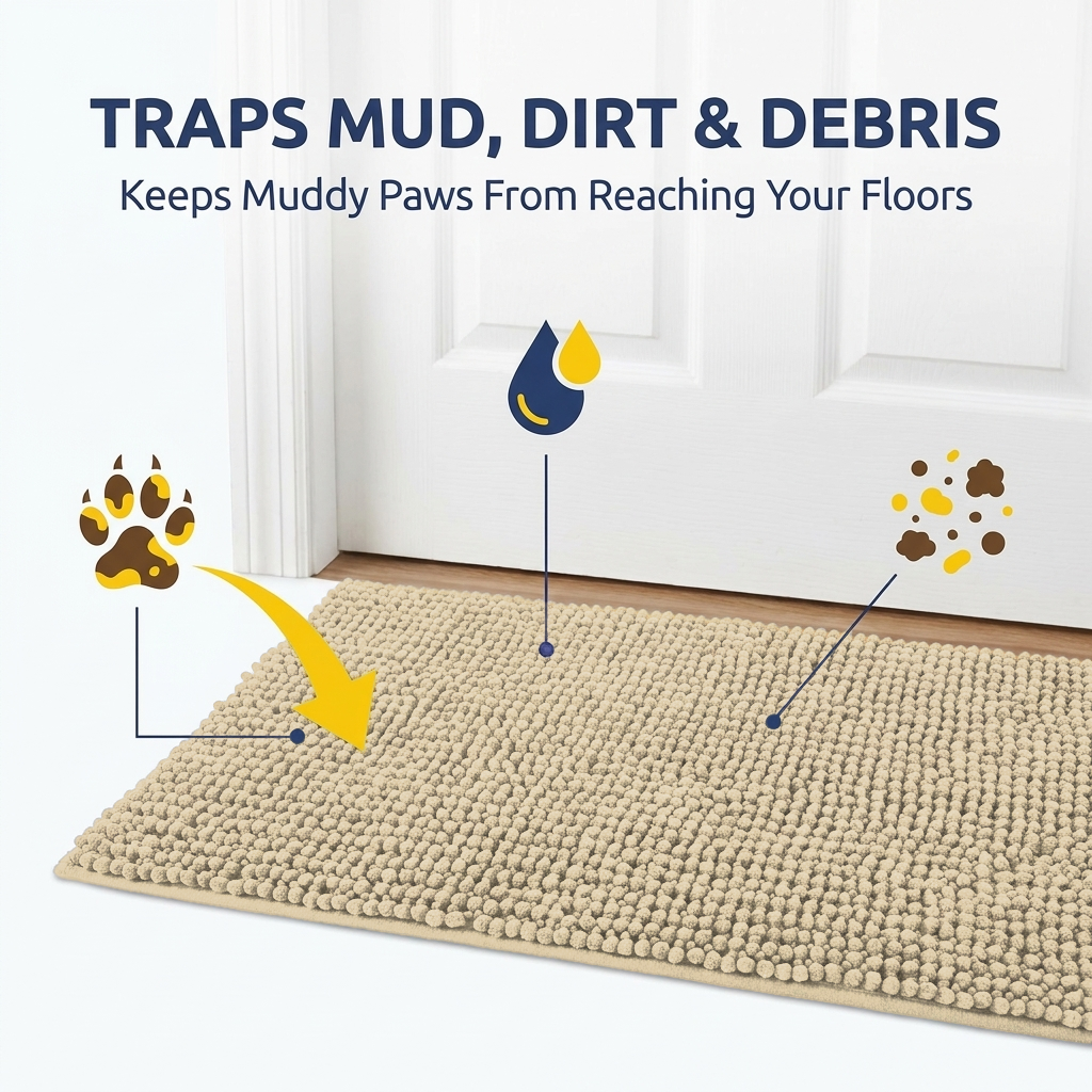 Muddymats® T.Max Dog Door Mat for Muddy Paws – Dirt-Trapping Chenille Entryway Muddy Carpet®, Super Water Absorbent Microfiber, Quick Dry, Slip Resistant Washable Indoor Mat