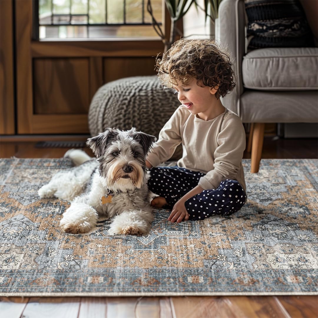 Muddy Carpet Coral Washable Area Rugs for Living Room, Bedroom & Dining Room – Modern Soft Low Pile Non Slip Carpet – Pet Friendly Waterproof Foldable Rugs for Home