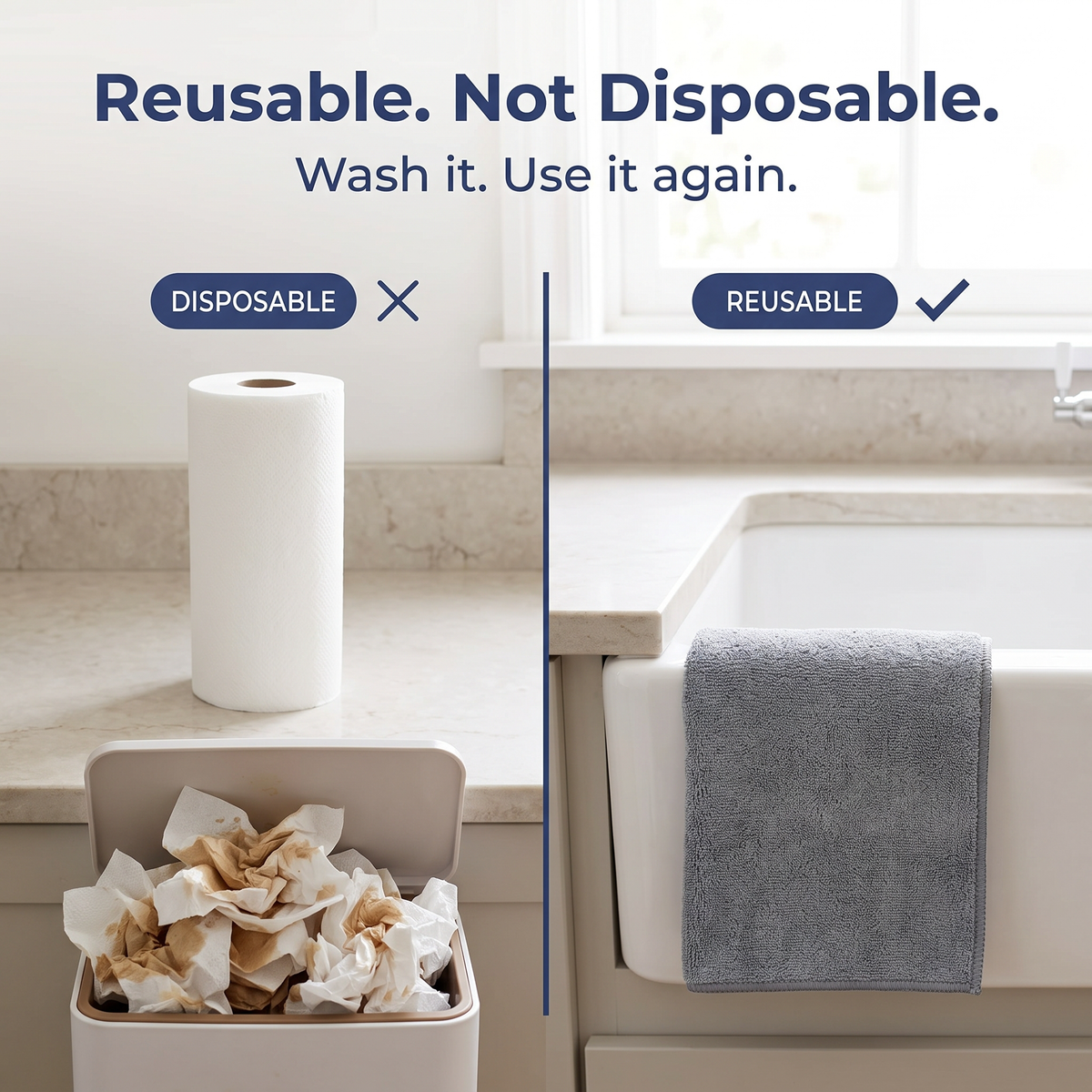 Muddymats® Kitchen Towels 3 Pack - Super Absorbent Microfiber Dish Cloths, Quick Dry Soft Cleaning Towels for Dishes, Counters and Spills, Machine Washable, Grey 11.8" x 11.8"