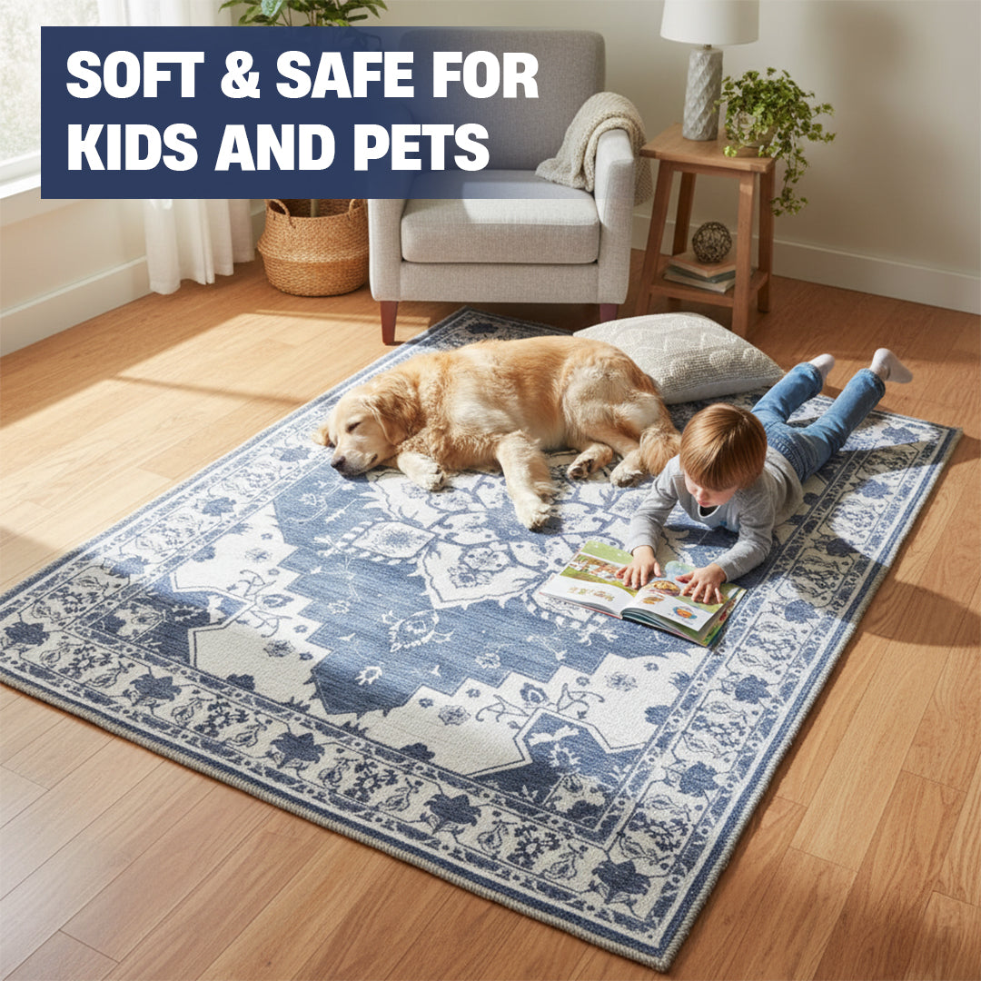 Muddy Carpet Navybell Washable Area Rugs for Living Room, Bedroom & Dining Room – Modern Soft Low Pile Non Slip Carpet – Pet Friendly Waterproof Foldable Rugs for Home