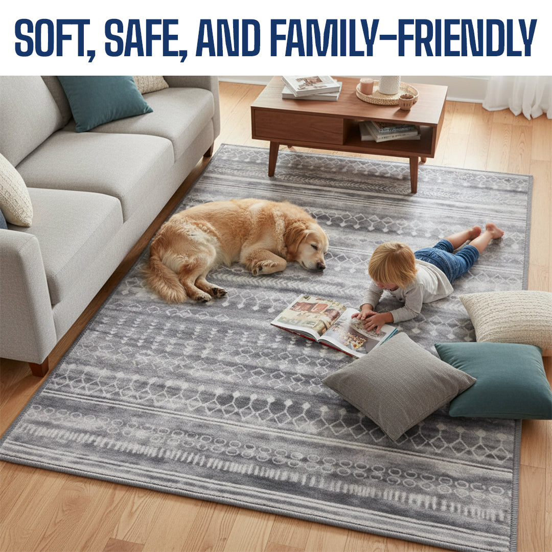 Muddy Carpet Greyline Washable Area Rugs for Living Room, Bedroom & Dining Room – Modern Soft Low Pile Non Slip Carpet – Pet Friendly Waterproof Foldable Rugs for Home