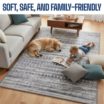 Muddy Carpet Greyline Washable Area Rugs for Living Room, Bedroom & Dining Room – Modern Soft Low Pile Non Slip Carpet – Pet Friendly Waterproof Foldable Rugs for Home