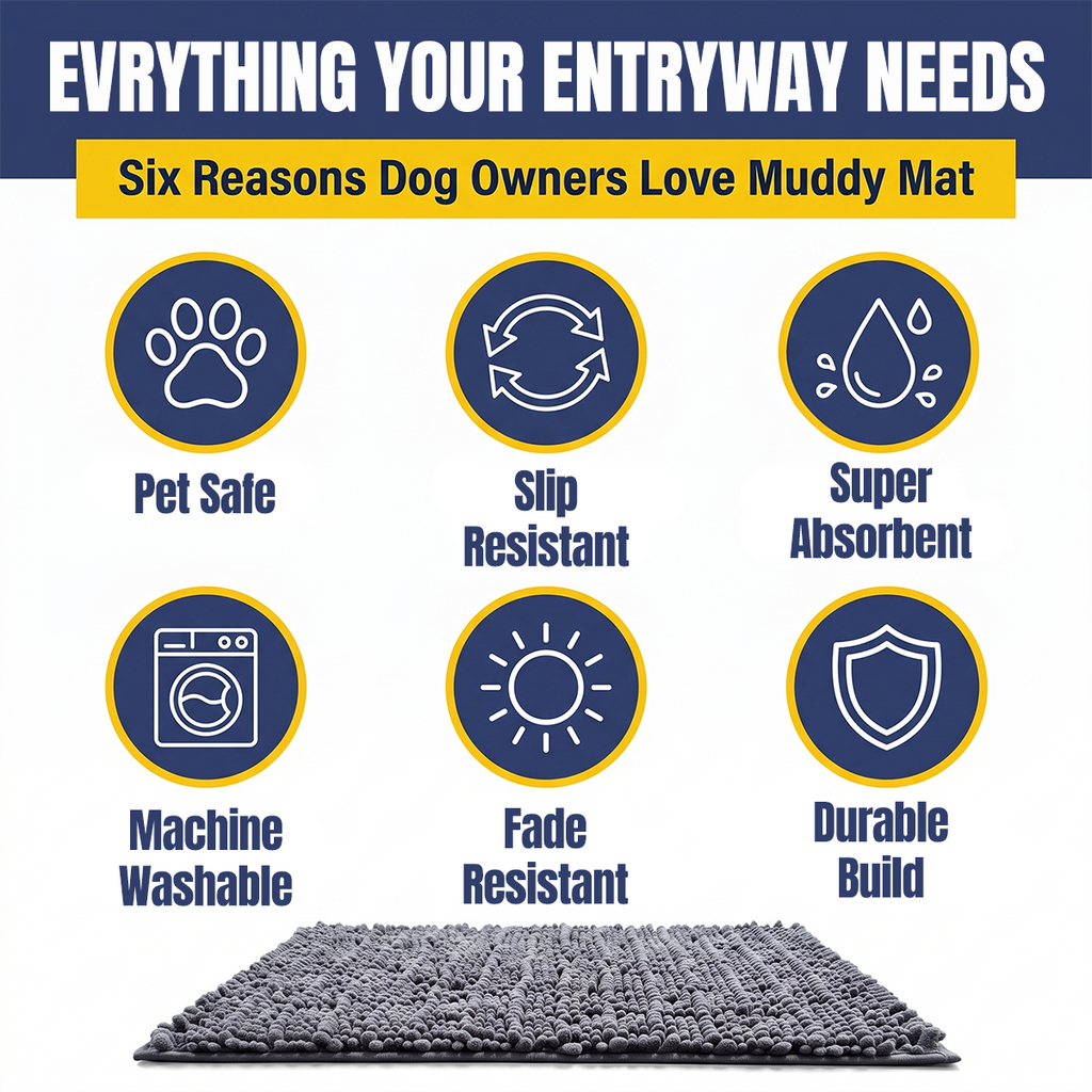 Muddymats® MudMax Dog Door Mat for Muddy Paws – Ultra Water Absorbing Mat Chenille Muddy Carpet® Soaks 5X Water, Microfiber Quick Dry, Slip Resistant Machine Washable Indoor Mat