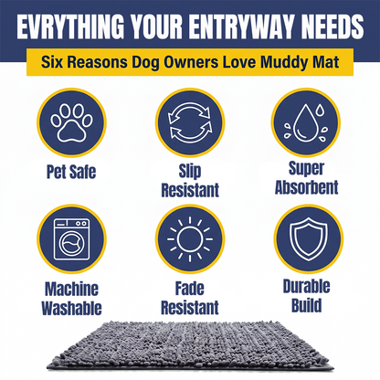 Muddymats® MudMax Dog Door Mat for Muddy Paws – Ultra Water Absorbing Mat Chenille Muddy Carpet® Soaks 5X Water, Microfiber Quick Dry, Slip Resistant Machine Washable Indoor Mat