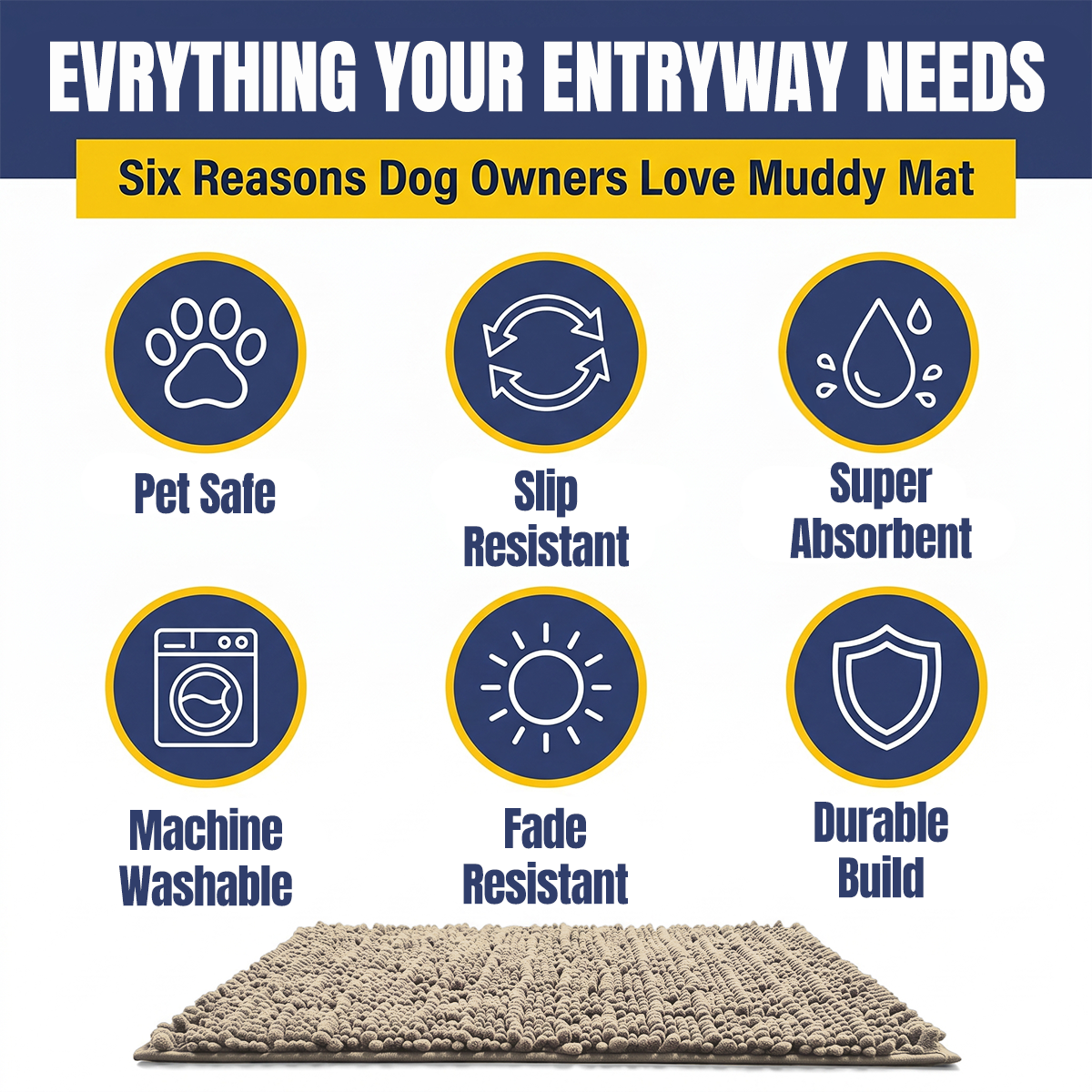 Muddymats® MudMax Dog Door Mat for Muddy Paws – Ultra Water Absorbing Mat Chenille Muddy Carpet® Soaks 5X Water, Microfiber Quick Dry, Slip Resistant Machine Washable Indoor Mat