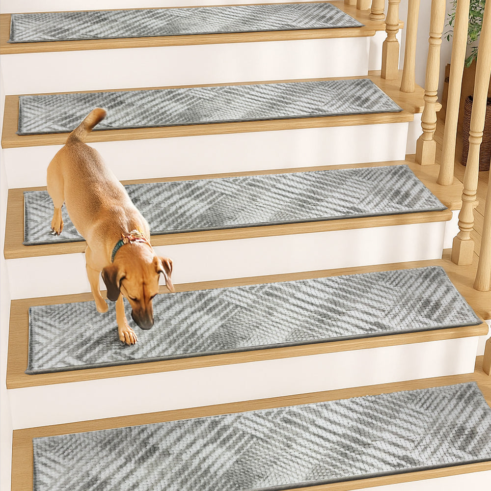 Muddymats® - Soft Chenille Stair Treads Non-Slip Reusable, Super Absorbent Stair Treads for Wooden Steps, Tile & Marble Floor, Easy to Install & Machine Washable - Grid 30'' x 7''