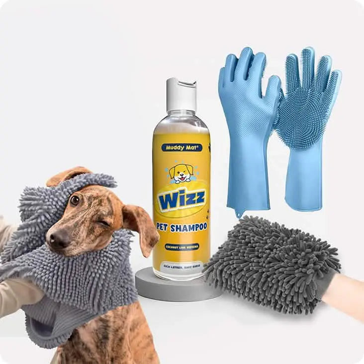 Muddymats® Dog Grooming Bundle – Rubber Scrubbers, Doggy Dryer, Muddy Mitt & Aloe Vera & Oatmeal Dog Shampoo for Itchy Skin Relief, Smelly Dogs & Sensitive Coats – 17 oz