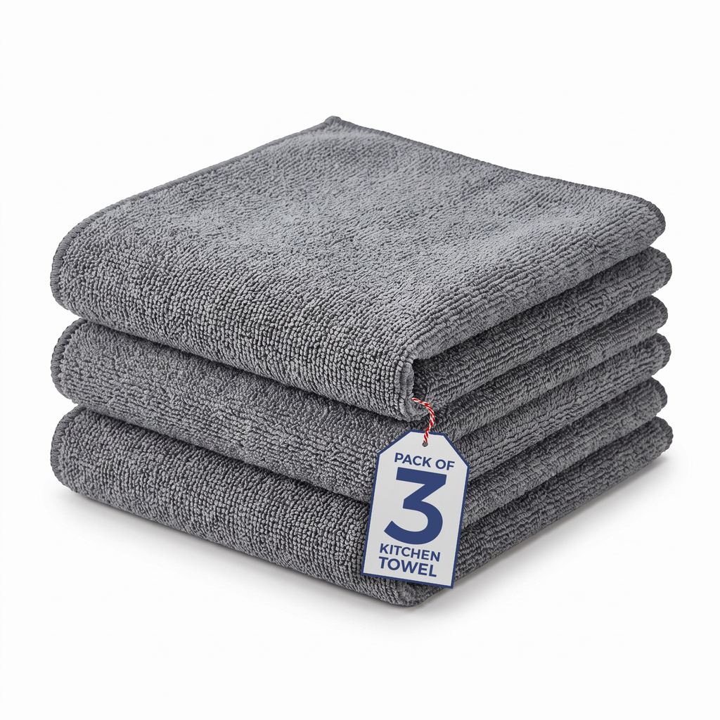 Muddymats® Kitchen Towels 3 Pack - Super Absorbent Microfiber Dish Cloths, Quick Dry Soft Cleaning Towels for Dishes, Counters and Spills, Machine Washable, Grey 11.8" x 11.8"