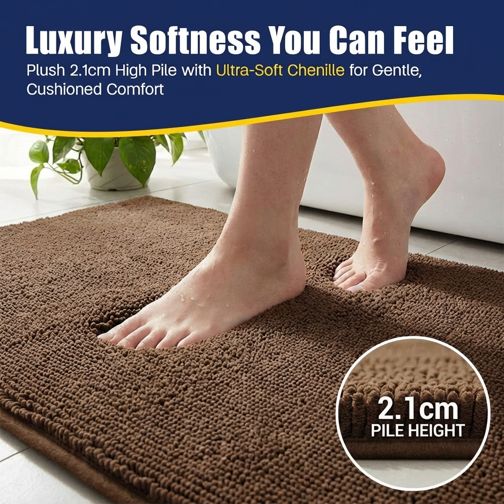 Muddymats® CloudStep Bathroom Rugs, Non Slip Bath Mats for Bathroom, Super Absorbent Memory Foam Chenille, Quick Dry Machine Washable Thick Toilet Rug for Shower Tub and Floor