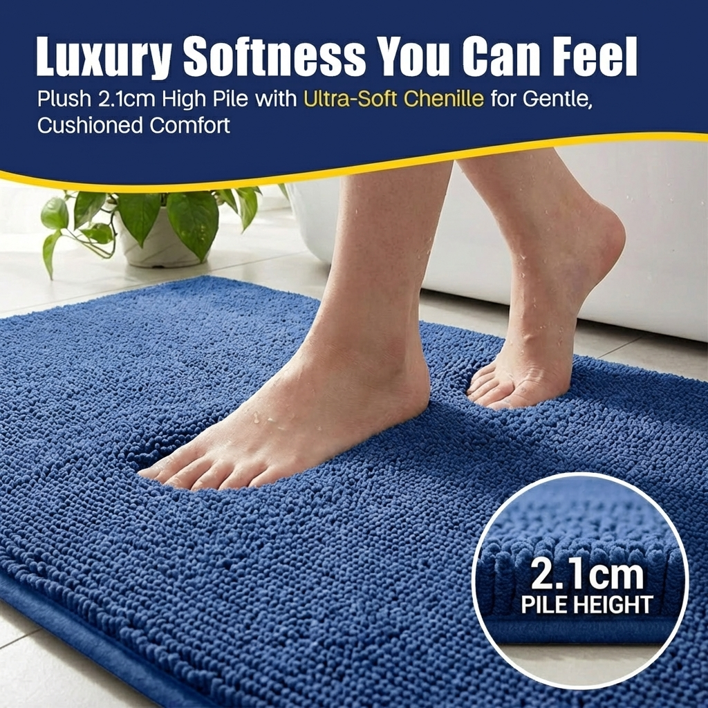 Muddymats® CloudStep Bathroom Rugs, Non Slip Bath Mats for Bathroom, Super Absorbent Memory Foam Chenille, Quick Dry Machine Washable Thick Toilet Rug for Shower Tub and Floor