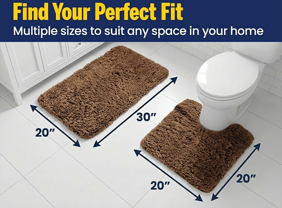 Muddymats® Fluffy Bathroom Rugs 2 Piece Set, Soft Absorbent Microfiber Bath Mats, Non Slip, Quick Dry, Machine Washable for Floor, Tub, Shower & Toilet, 20"x30" + 20"x20" U-Shaped