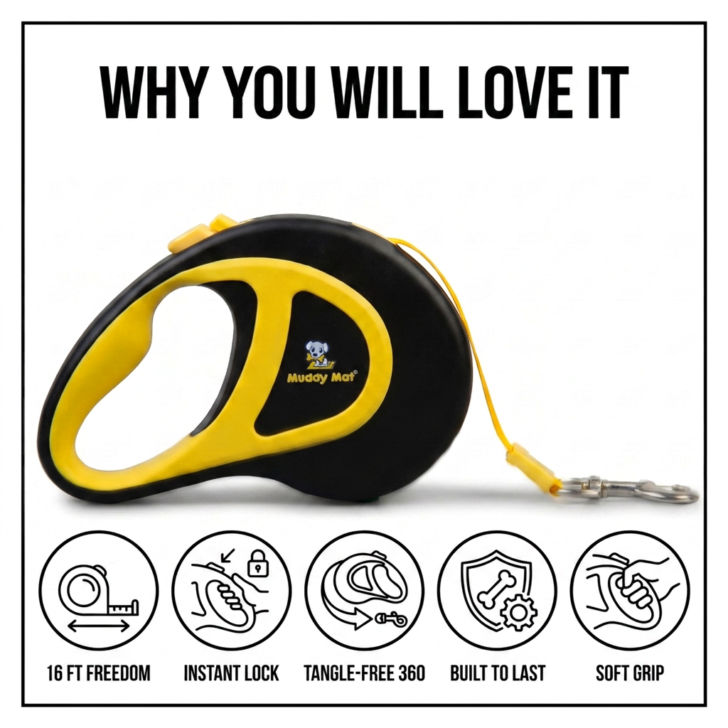 Muddymats® Retractable Dog Leash – 16 ft Heavy Duty Tape Leash for Small & Medium Dogs up to 44 lbs | One-Button Brake, 360° Tangle-Free | Ergonomic Grip